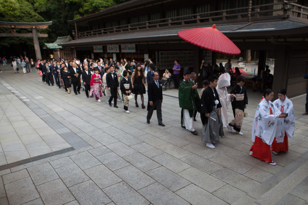 Wedding procession at a Shinto temple